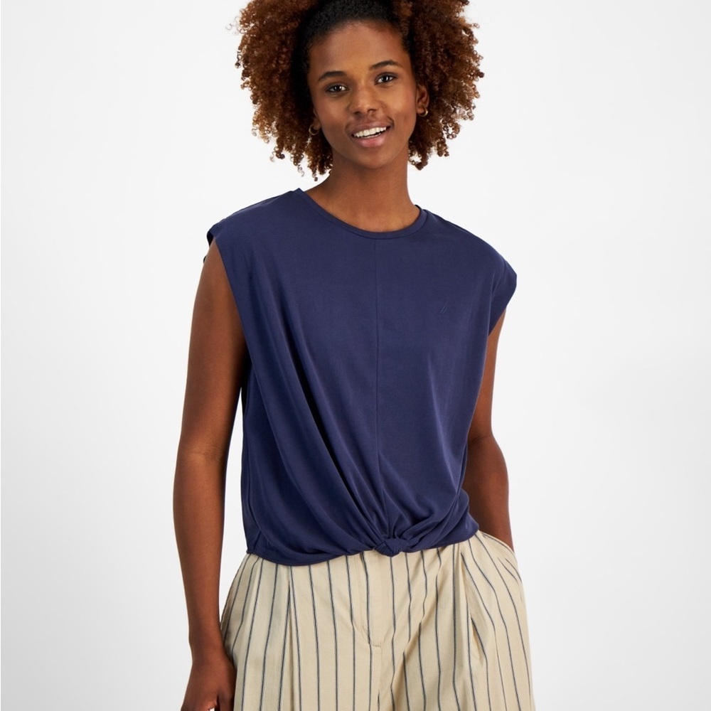 Nautica Knot Front Tee Blue XL NWT Sleeveless Draped Basic Casual Coastal Shirt